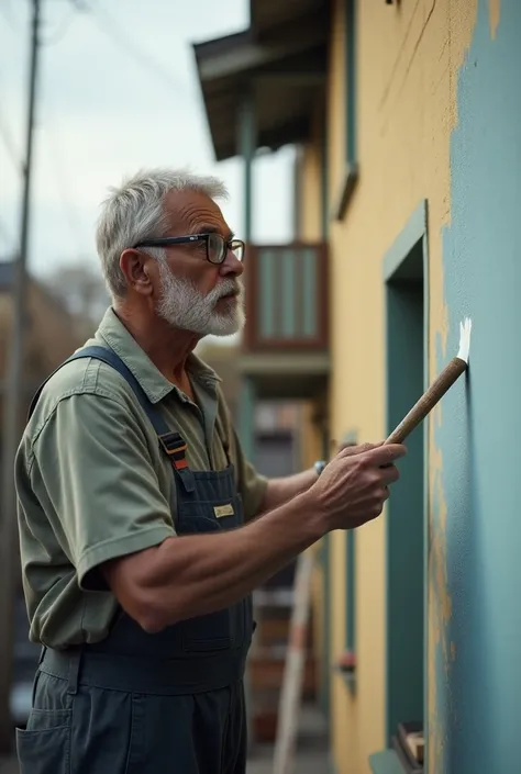 close up of an older light skin black home repair man with glasses painting an outside wall of a 3 story residential building, highest definition, highest detail, highest quality
