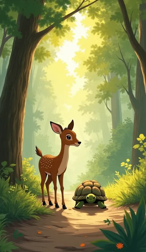 "The deer and the turtle walk together toward dry ground. The forest is calm and bright as the two friends part ways, symbolizing a touching act of kindness and friendship."
