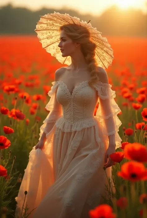 Sexy Beautifull  mature Woman , 1850 s dressing,  walking in coquelicot field, full summer , umbrella , miday 