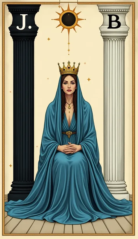 tarot card drawn with A crowned woman ,  covered with a blue robe is seated facing two pillars. The white pillar on the right has the letter “J” on it ,  and the black one on the left has the letter “B” engraved on it .