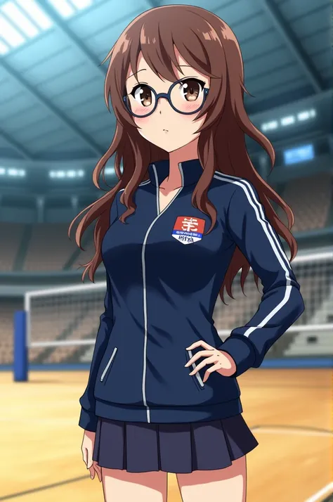 anime haikyuu,  girl with long wavy brown hair , brown eyes with round lenses , complexion media,  dressed in karasuno managers uniform