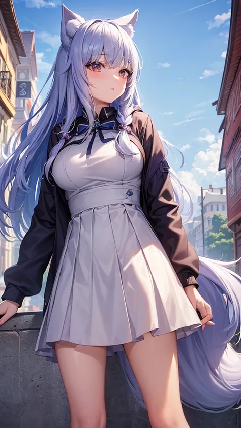 ((Highest quality)), ((Accurate fingers and hands)), ((masterpiece)), (detailed), One girl, Ice lavender hair,Wolf ears and tail, Brown Eyes, long hair, Around town, Navy blue hoodie, skirt, nsfw, (show off breasts)