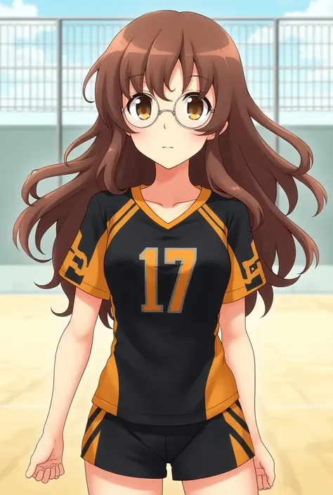 anime haikyuu,  girl with long wavy brown hair , brown eyes with round lenses , complexion media, dressed in volleyball uniform with color black and orange 