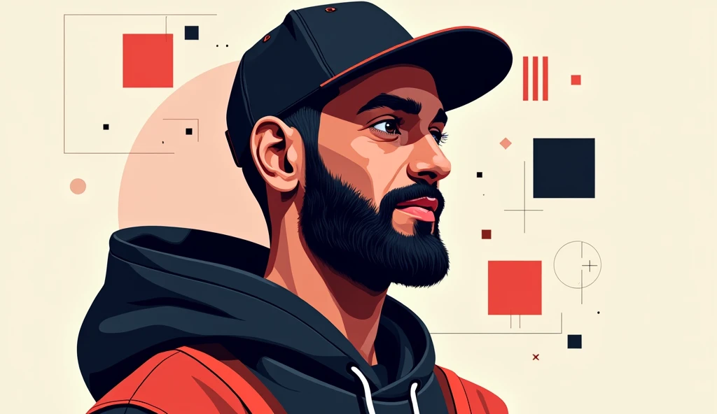 a man with a beard wearing a black basketball hat, digital marketer, digital developer, digital designer, vector graphic, minimalist, flat design, clean lines, bold colors, high contrast, dynamic composition, geometric shapes, modern, stylish, professional...