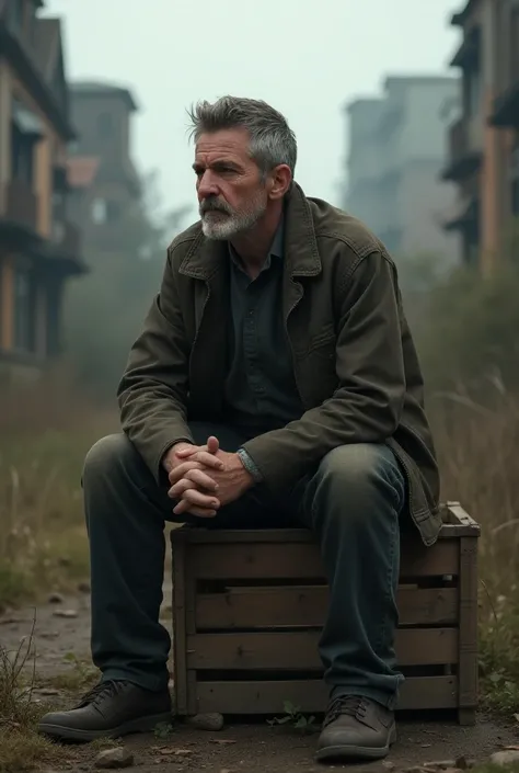 Man of thirty,  sits on a wooden box ,  looking forward to his earnings
Background in the form of an abandoned Pripyat