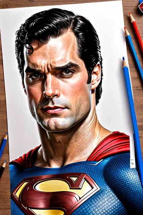 a realistic Superman cartoon by Henry Cavill, drawing on paper, pencil, rubber and drawing materials on the table 
