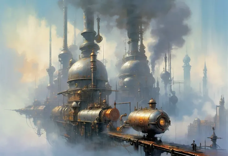 John Berkey Style page, steampunk cityscape,fog, smoke, (masterpiece:1.2), best quality