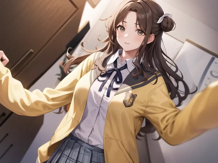 masterpiece, best quality, highres, hmhi, long hair, single side bun, hair ribbon, neck ribbon, school uniform, white shirt, yellow cardigan, open clothes, long sleeves, plaid skirt, grey skirt, pleated skirt, 