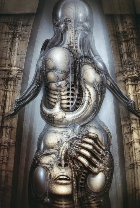 H. R. Gigers g1g3r, , The image  is a classic piece of biomechanical art by H.R. Giger. , , (Triadic:1.1), (Proportion:1.1),  , (Reflected light:1.2), Parchment, ultra detailed, intricate,, dry b (best quality:1.4), H.R. GIGER,  BY GIGER