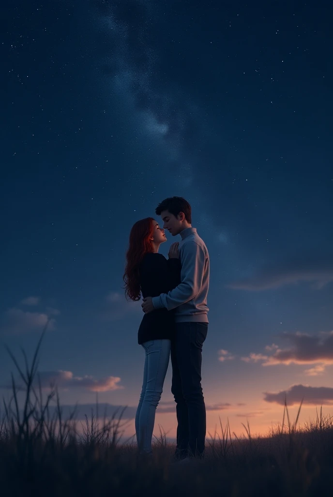 a girl and a boy hugging while looking at the stars. The girl is a redhead with a black sweater and white jeans while the boy is a bit taller with a white shirt and black jeans, hes holding her waist and shes close to him