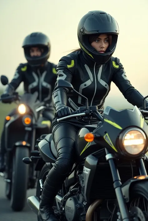 Female motorcyclist and male motorcyclist with protective suits
