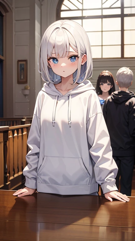 High Resolution, Masterpiece, Best Quality, family, white hoodie, 4 person, best lighting, indoor white hair, blue eye, 