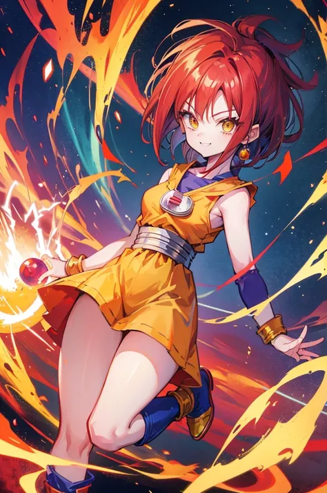 dragon ball style, cute saiyan girl, crimson hair, yellow eyes, , smile, electricity, aura, energy, vegeta outfit