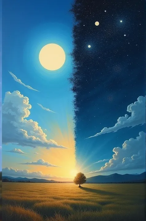 A symbolic landscape ,  divided between light and dark ,  representing the mix of feelings after the break up .Left Side: A radiant blue sky ,  with the sun shining brightly ,  representing the happy and warm moments of the relationship .Left Side: A radia...