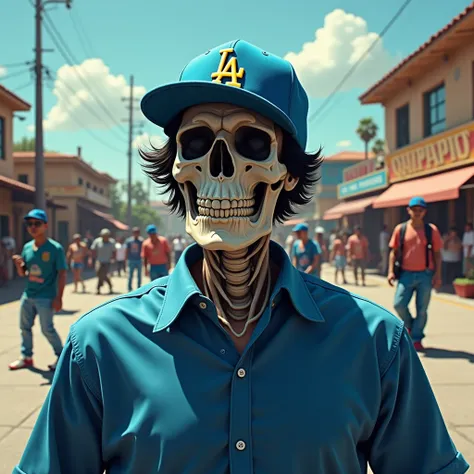  A man with the face of a skull wearing a blue rapper cap from Los Angeles and his hair comes out a little under his Los Angeles cap and has a large navy blue shirt and is in a square where there are some letters that say Siguatepeque and in the background...