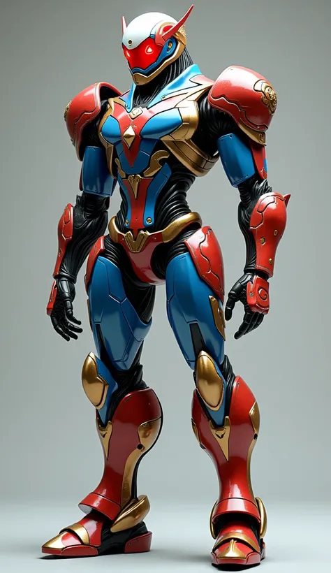 "A futuristic robot painted in blue, red, and white, inspired by Thailands flag. The robot’s metallic surface has a smooth, polished texture, with red and blue sections accented by metallic gold lining. The eyes of the robot glow a deep red, and its armor ...