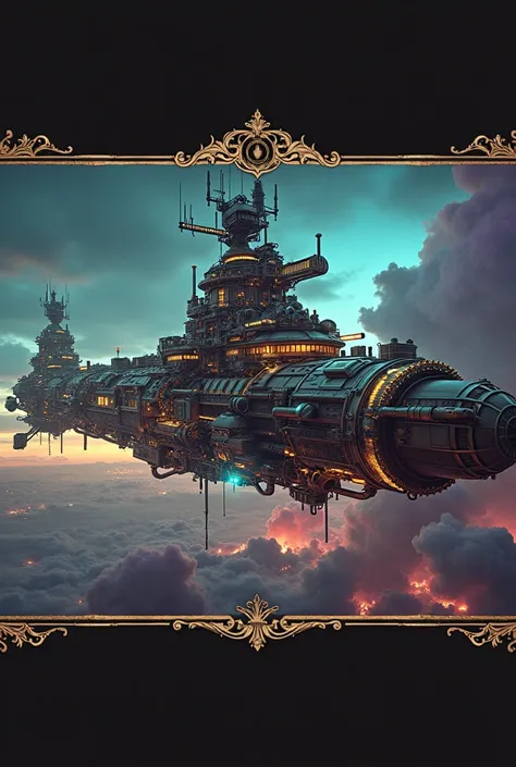 A highly detailed, ornate, and luxurious steampunk spaceship sailing through a radioactive, neon-colored atmosphere, masterfully illustrated in a classic and nostalgic retro style, ultra-detailed, 8k, hyper-realistic, cinematic lighting, dramatic shadows, ...