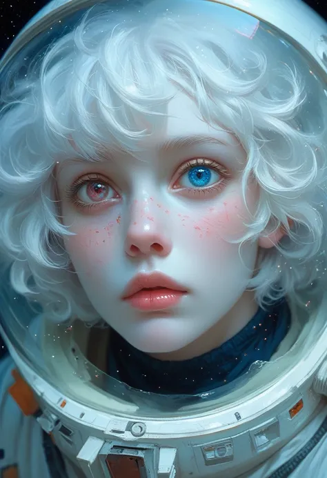 (Close-up of a better masterpiece:1.5)0.9], (Space and astronauts:1.2) (Messy silver hair:1.1) (Heterochromia xanthochromia and blue eyes:1.2) (Space Helmet:1.0) (Colored stars in the eyes:1.0) (A radiant glow:1.1) (thick lips:0.9). Albino skin