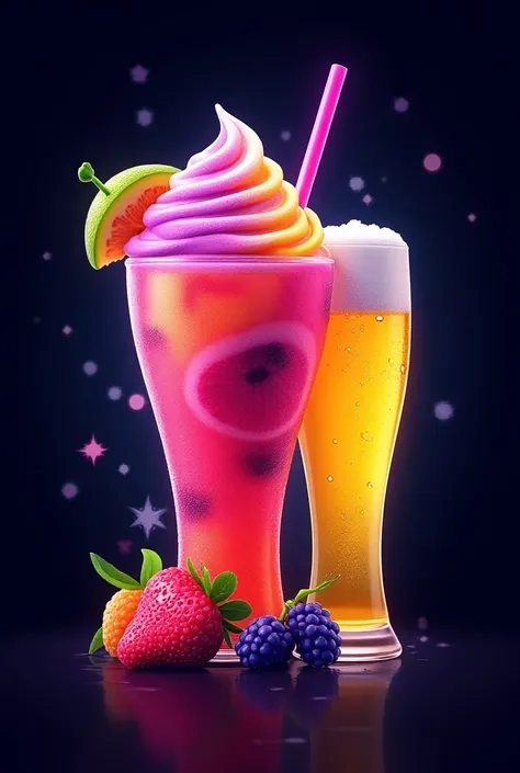 Slush logo with fruit and a beer on the right side with neon colors