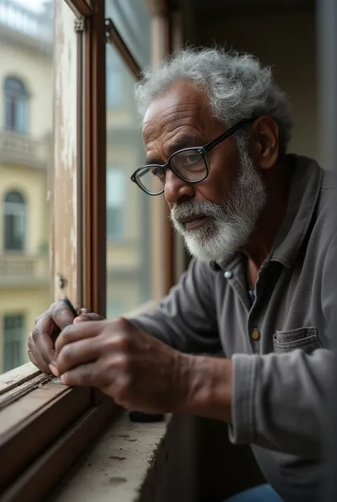 close up of an older African American with glasses fixing an outside window of a 3 story residential building, highest definition, highest detail, highest quality 