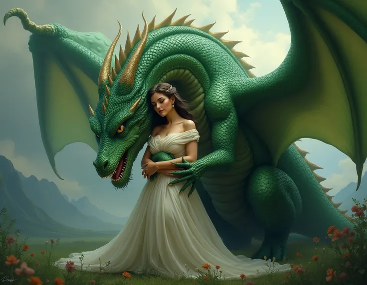 Believe me a woman embracing a green dragon