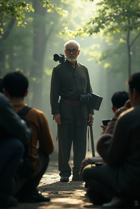 Akira Kurasawa, the film director, is standing with a camera on his shoulder. Many people are kneeling in front of him without showing his face. People are carrying books and recording what he says