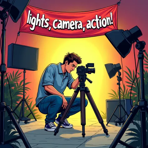 Content creator setting up a tripod, with a bright “LIGHTS, CAMERA, ACTION!” banner above, comic book-style