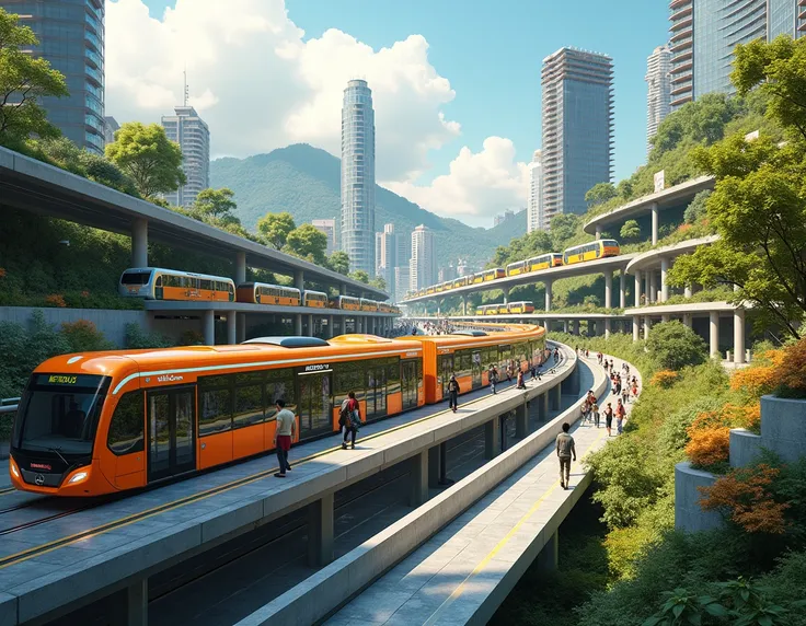  an image of the Medellin metro system that is to say Metroplus, streetcar ,  meter and meter cable in 2050 ,  solar punk style 