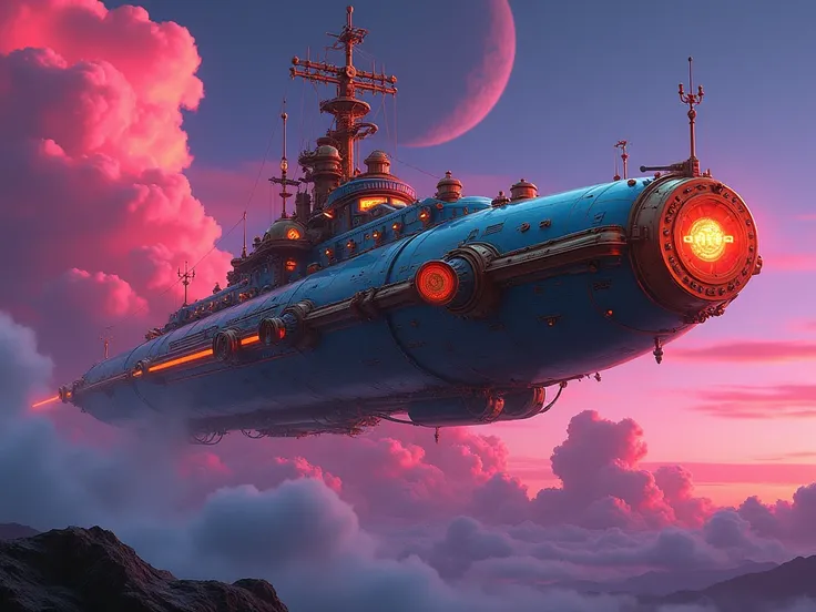 illustration, elegant, ornate, luxurious, creepy futuristic Classic and nostalgic retro illustration of a steampunk spaceship sailing in a radioactive atmosphere in neon color.