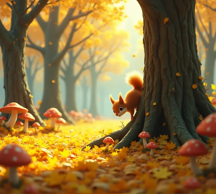 Autumn forest, covered with yellow leaves where mushrooms grow between leaves and squirrel climbs trees 