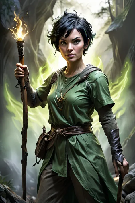 digital painting, comic cartoon image, cut some black lines, high resolution, golden ratio, fake detail, light in contrast. Character portrait, adventurer, wears green clothes, short black hair, uses a wooden staff in one hand and a torch in the other and ...