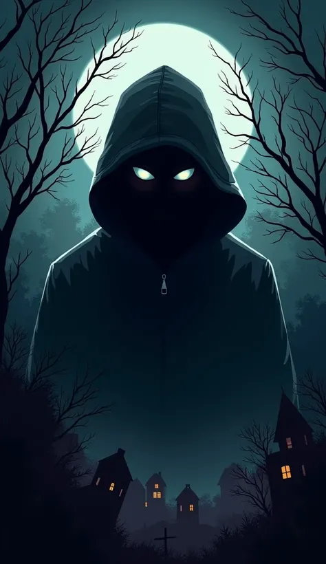 Design a dark, eerie logo suitable for a YouTube profile dedicated to mysterious and sinister stories. The central image features a mysterious figure, partially hidden in shadows, with piercing eyes that evoke intrigue and danger. Around the figure, incorp...