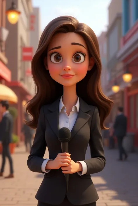  Imagine A realistic Pixar-style 3D animated version of myself.  long hair,  brown eyes,  journalist holding a microphone