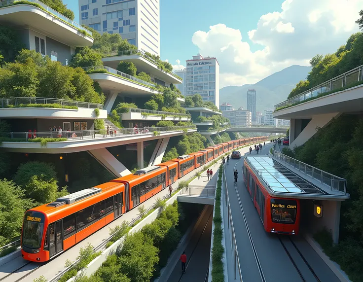  an image of the Medellin metro system that is to say Metroplus, streetcar ,  meter and meter cable in 2050 ,  solar punk style 