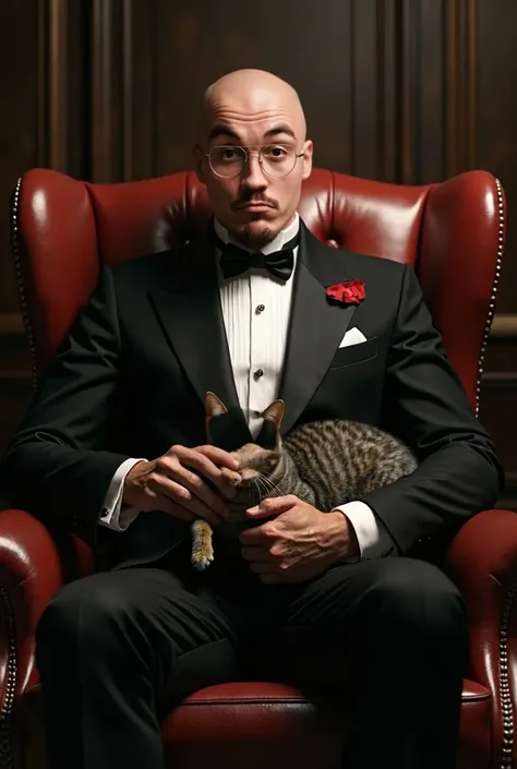 realistic, ultra-high-definition image of a 25-year-old bald man, sitting in a luxurious chair, dressed in a classic black tuxedo with a white shirt and a black bow tie, channeling the essence of The Godfather. He is holding a cat in his lap, with the cat ...