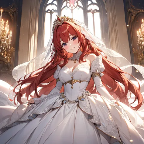  The woman who is the queen of the kingdom is a beautiful red-haired celica, wears a kingdom bridal dress, pledges absolute loyalty and love to the great kings old man, and they have a wedding and love each other、((Best Quality)), ((masterpiece)), ( Detail...