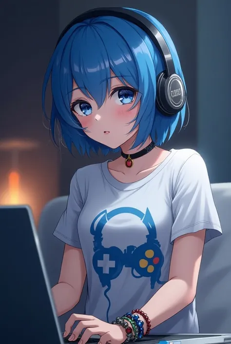 anime,  womens short blue hair , blue eyes, many bracelets , earrings, camiseta color blanco con estampaDo De D&D, juganDo playstation, al laDo una laptop, en la cabeza un heaDset, fonDo un Dormitorio, De noche.