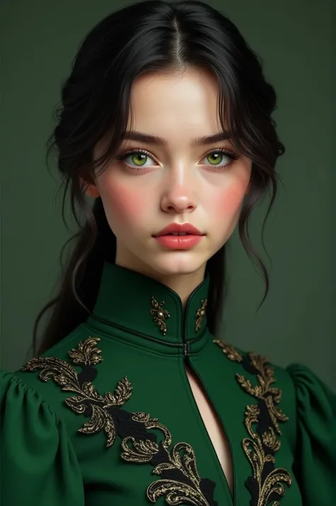  You could create three realistic images of the same girl with delicate features and a perfect and beautiful face, button nose,  sharp eyes and vivid green color , Beautiful, plump lips,  perfectly shaped and slightly arched eyebrows ,  long and curved eye...