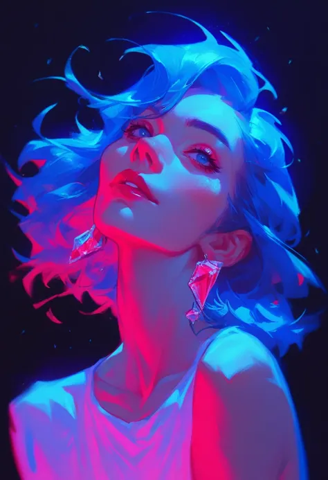 masterpiece,  beautiful illustration, young woman, neon, neonовый свет, dark background, голубой neon, bright blue