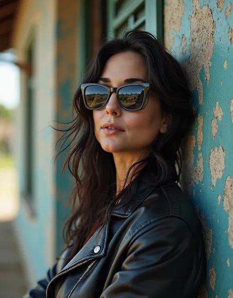 Super real photo,Long shot,  woman (44 year old), ( long dark hair ), (moderately curvy figure), ( refrigerator of short stature), woman with  sunglasses  and leather jacket posing for a picture, with  sunglasses , aviators , looks into the distance with a...