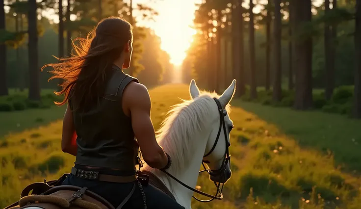 a first person over the shoulder view of a cherokee warrior with waist long straight brown hair wearing a black leather sleeveless vest and short black leather pants riding a pure white horse through a forest into the setting sun