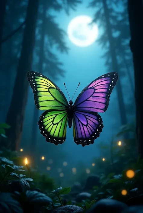 A butterfly with violet right wings and vibrant green left wings in a forest at night