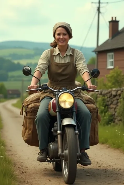 Housekeeper on a motorcycle carrying food hanging on the cabin