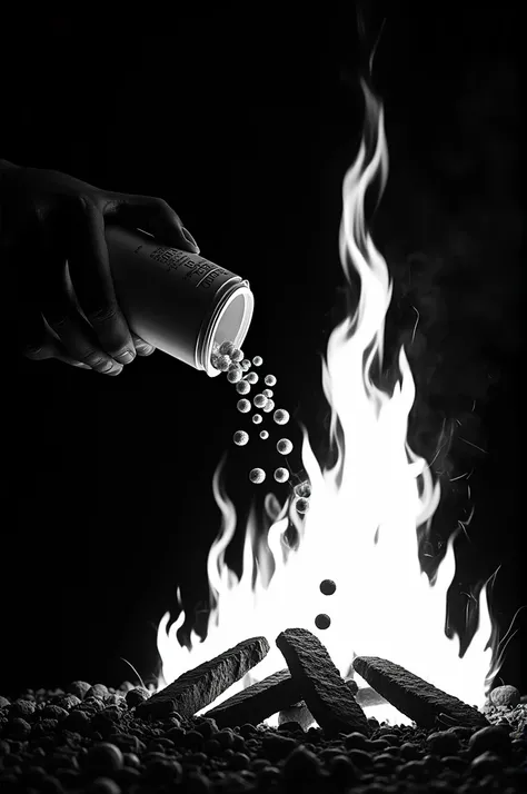 A shadowy hand ,  pouring out a pill box with spherical globules into the fire,  but please only white on black like Antifa logo  