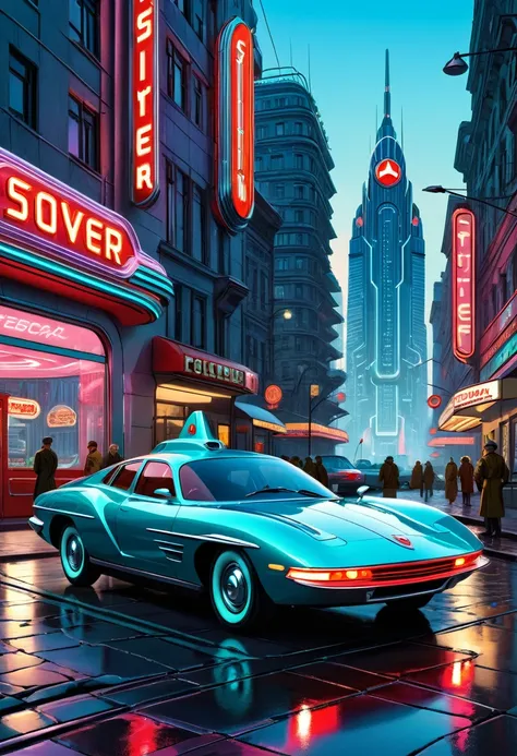   science fiction  ,   Soviet constructivism  ,   city of the future, neon signs, skyscrapers, Soviet banners  , A beautifully electric car parked on a cobblestone street in front of a classic diner with neon signs.   the cars polished chrome glitters in t...