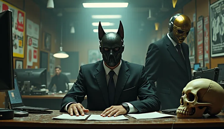 arafed man in a suit sitting at a desk with a laptop, black mask, beaten tech. neo noir style, there is a skull over a table, cyborg - pitbull, metal mask, dishonored style, youtube video screenshot, cyberpunk ads, in cyber punk 2077, a man wearing golden ...