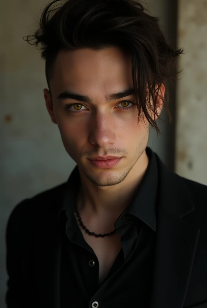  Make a handsome man . he has yellow eyes, Light brown hair and wears black clothes,  almost punk style .  He has a serious and impactful expression ,  he looks like a wolf , But hes a human .  He has around 25 years old .  He looks like Rodrigo Santoro wh...