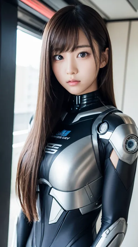 super beautiful face, japanese girl, upper body, long straight hair, high school student, real photo style, cyborg suit, 