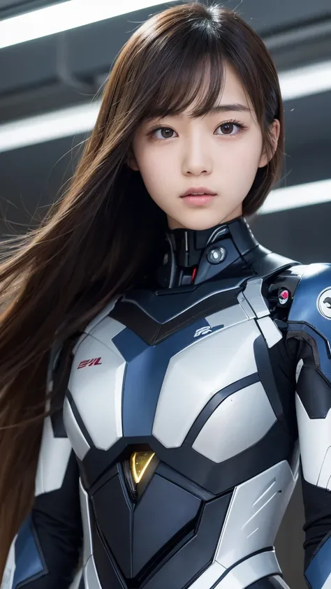 super beautiful face, japanese girl, upper body, long straight hair, high school student, real photo style, cyborg suit, shooting a beam.