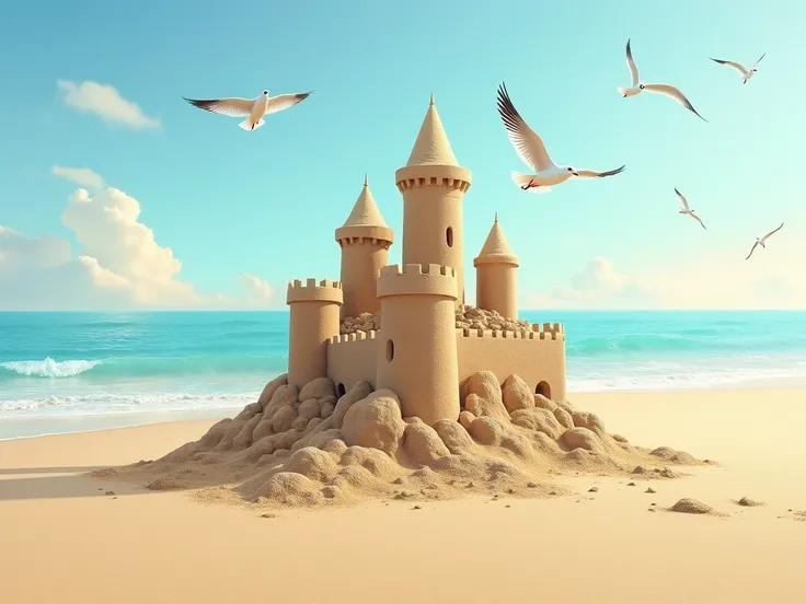 simple sand castle ,  that falls apart with the wind and the waves of the sea,  with seagulls walking on the sand 
